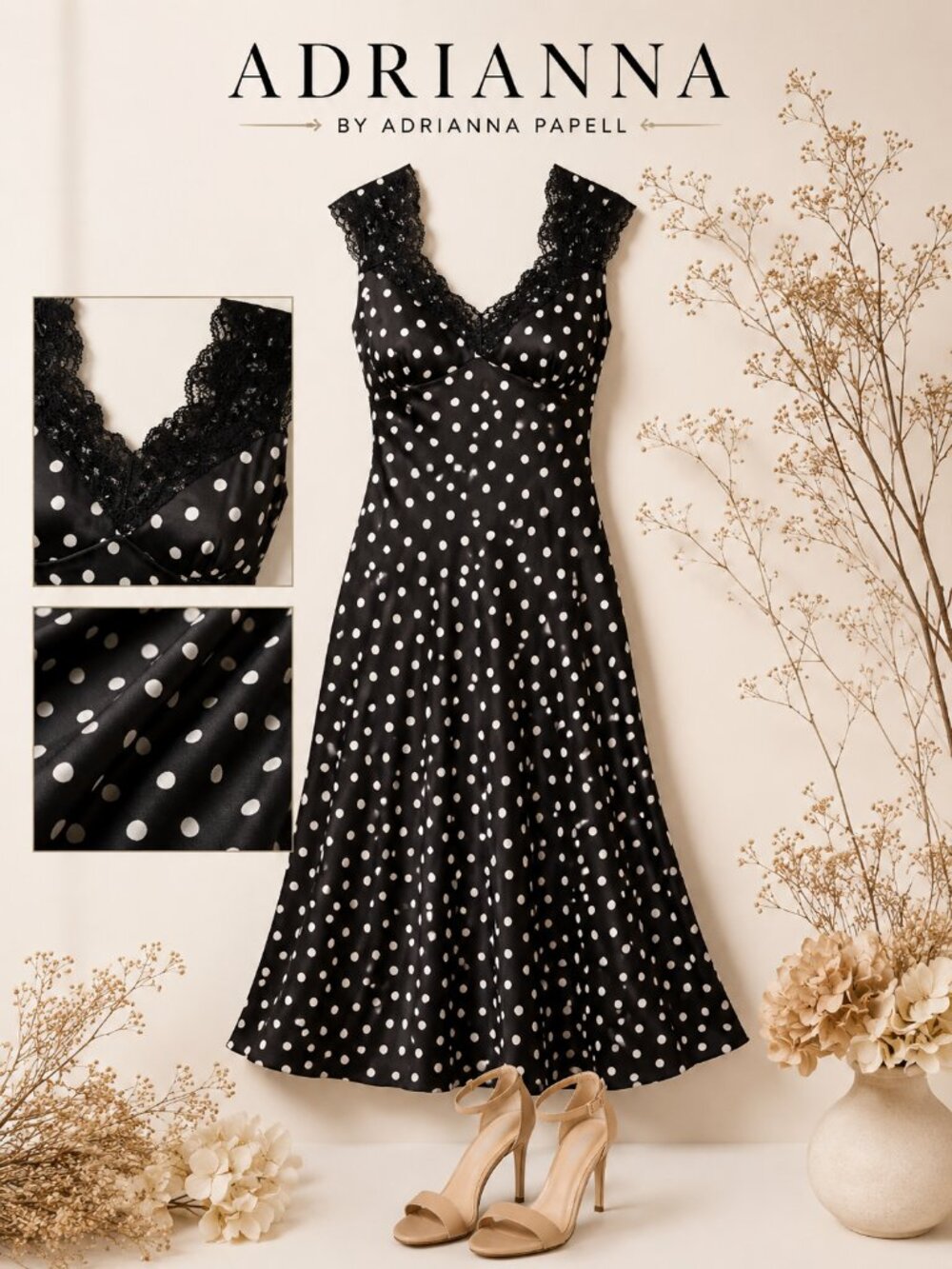 Adrianna Black White Polka-Dot Midi Dress Size 12 NWT